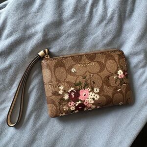 Coach Brown Pink Floral Wristlet Wallet